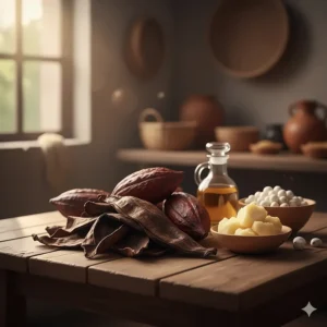 Diagram illustrating the key natural ingredients used to make traditional liquid African black soap, including plantain skins and shea butter.