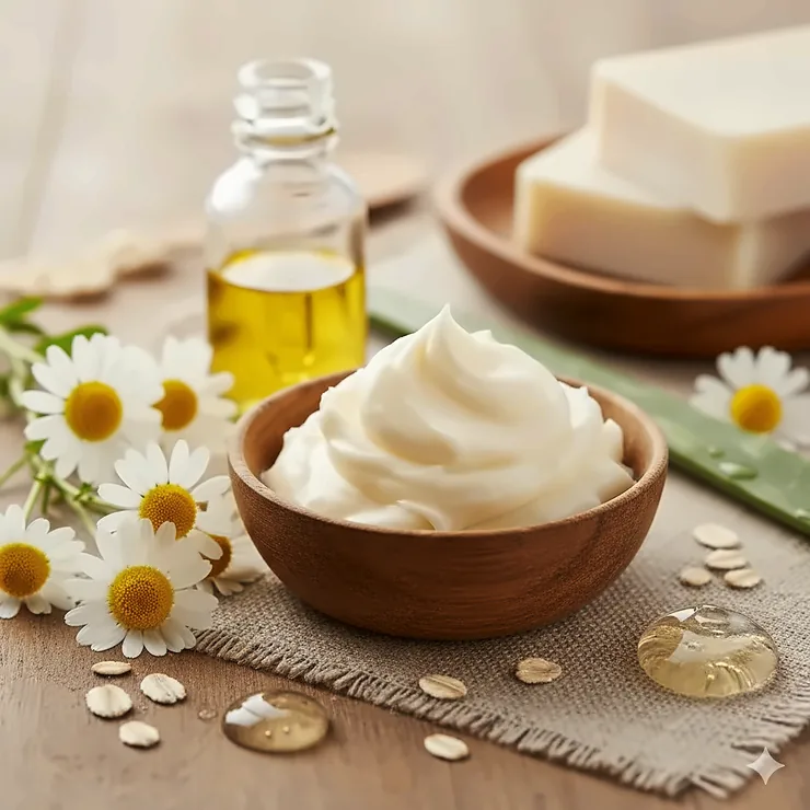 Close-up shot of safe, hypoallergenic ingredients like shea butter and chamomile often found in the best soap that is good for sensitive skin.