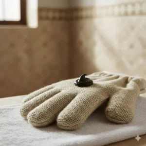 A natural fiber Kessa exfoliating glove, an essential tool used in the traditional Hammam ritual with the black soap.