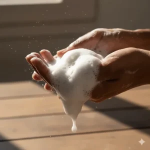 Rich, natural white foam and lather created by rubbing a few drops of African liquid soap, demonstrating its cleansing power.