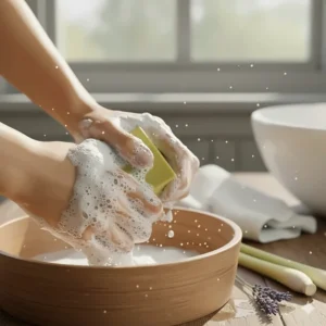 A person's hands creating a rich, creamy lather with the lemongrass soap, demonstrating its moisturizing quality.