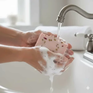A hand holding a bar of natural rose soap creating a rich, creamy, and fragrant lather, demonstrating its cleansing power without stripping moisture.