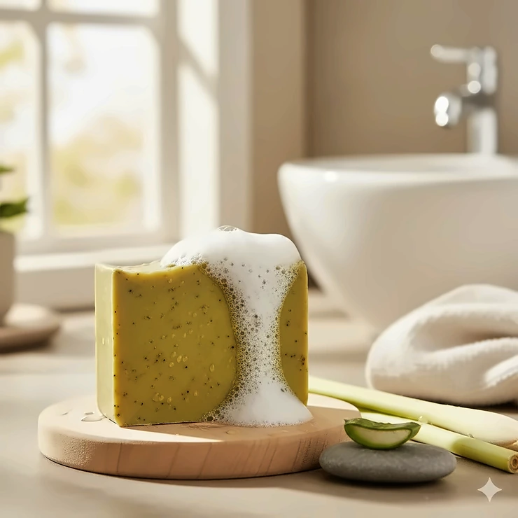 A luxurious, handcrafted bar of lemongrass soap, displaying a vibrant yellow-green color and a rich, creamy lather.