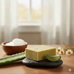 Gentle lemongrass soap placed next to aloe vera, emphasizing its soothing properties and suitability for sensitive skin.