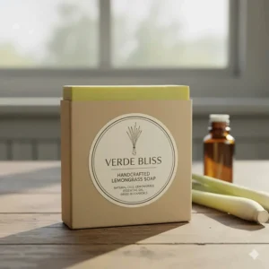 The completed lemongrass soap product, fully wrapped in its branded, eco-friendly packaging with a visible ingredient label.