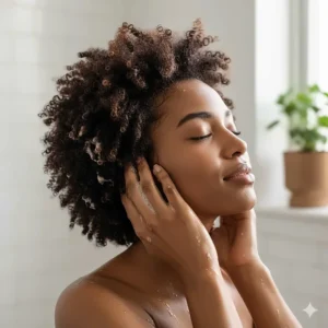 A close-up shot of a hand massaging liquid African black soap lather into natural, coily hair to show its versatility as a natural shampoo.