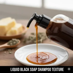 A close-up view of the final liquid texture of the moisturizing black soap shampoo, showing its deep, natural brown hue.
