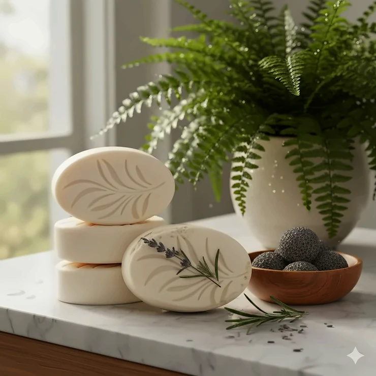 A stack of artisan, triple-milled luxury bar soaps displayed on a white marble countertop next to a lush green plant, emphasizing a premium bathroom aesthetic.