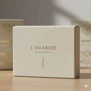 Elegant, minimalist packaging box for a single luxury bar soap, featuring gold foil lettering and sustainable paper materials.