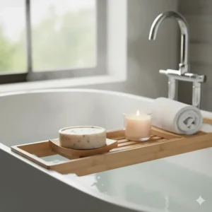 A premium, exfoliating luxury bar soap resting on a sleek bamboo soap dish next to a relaxing, steamy bathtub setting.
