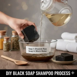 Step-by-step image of dissolving raw African black soap in warm water to begin the DIY black soap shampoo formulation.