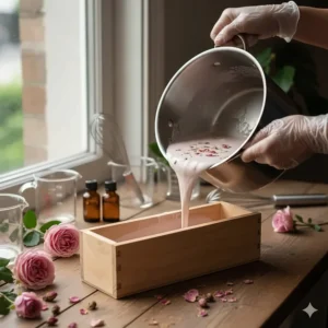 A view of the cold process method being used to make a batch of organic rose soap, showing the artisanal and small-batch production.
