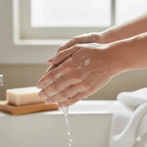 Hands applying a creamy, moisturizing lather from a gentle cleanser, showing a soft, non-irritated skin texture.