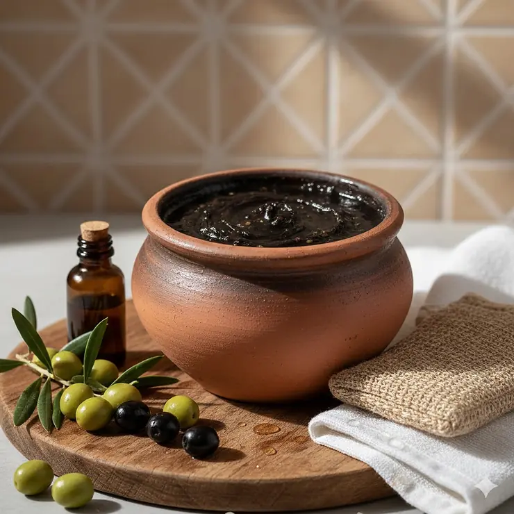 Moroccan black soap in a traditional jar next to fresh olives and a washcloth, highlighting its natural, moisturizing properties with argan oil.