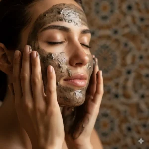 Woman gently washing her face with Moroccan black soap, using it as a natural, hydrating facial cleanser.