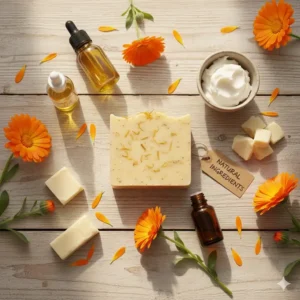 A collection of natural, gentle ingredients like shea butter and oils used to create an ultra-mild calendula soap for sensitive skin types.