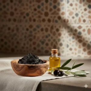 A small wooden bowl containing authentic Moroccan black soap, suggesting a natural and moisture-free way to store the product.