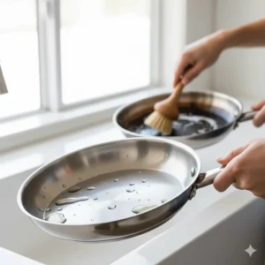 A clean, sparkling frying pan after being washed with a top-rated non-toxic dish soap that effectively cuts through tough kitchen grease.
