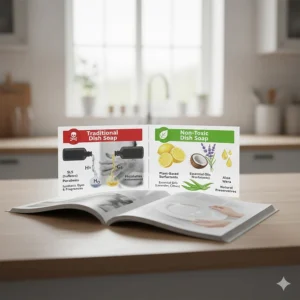 An infographic comparing the harmful chemicals in traditional dish soap, like SLS and parabens, versus the gentle, plant-derived ingredients in non-toxic dish soap.