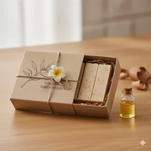 A beautifully packaged set of handcrafted sandalwood soap bars, perhaps tied with twine or in a decorative box, perfect for showcasing gift options.