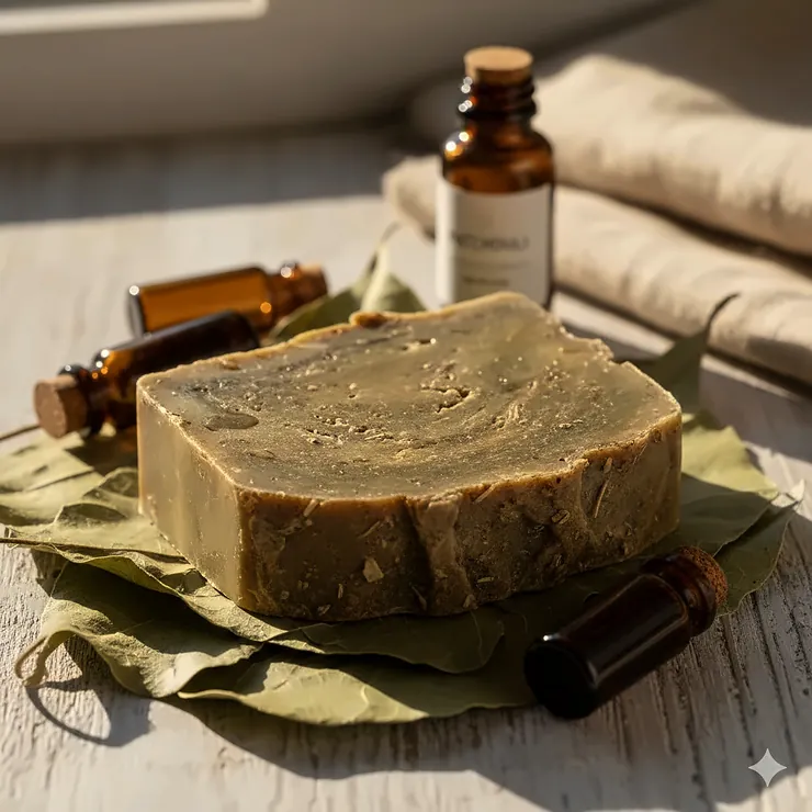 A large, rustic bar of patchouli soap resting on dried patchouli leaves, highlighting its natural, earthy color and texture.
