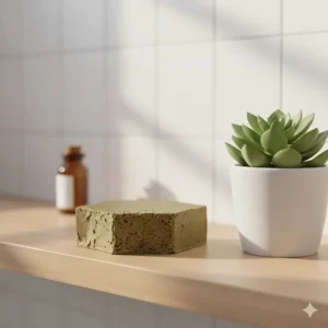 A minimalist photo of the patchouli soap bar displayed elegantly on a modern bathroom shelf next to a small, green plant.