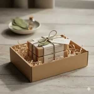 A beautifully packaged gift set featuring multiple bars of patchouli soap tied with a hemp string, suitable for a natural skincare enthusiast.