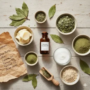 An overhead flat lay of the key, all-natural ingredients used to make the patchouli soap, such as shea butter, coconut oil, and patchouli essential oil.