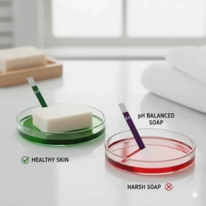Diagram showing the importance of using a pH-balanced soap to maintain the natural acid mantle for healthy, less sensitive skin.