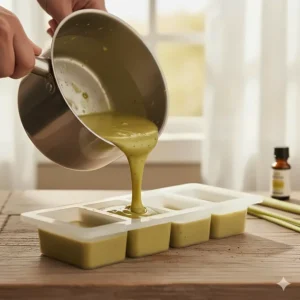 The process of pouring the freshly mixed lemongrass soap batter into a silicone mold during the saponification stage.