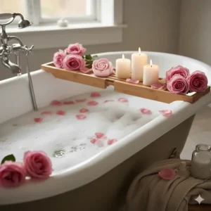 A luxurious, relaxing bath scene with a foaming rose soap bar, fresh pink roses, and candles for an aromatic, spa-like experience.