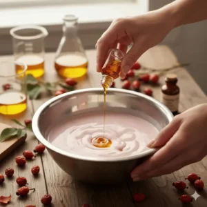 Rosehip oil extract being used in the making of moisturizing and gentle handmade rose soap, highlighting its nourishing properties.