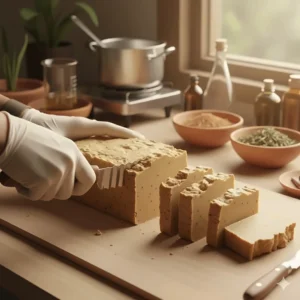 A clean workspace showing a person carefully cutting freshly made loaves of cold-process sandalwood soap into individual bars.