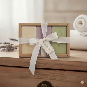 A beautifully arranged gift set featuring three different scents of premium, natural luxury bar soap tied with a satin ribbon.