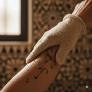 Illustrating the results of using Moroccan black soap and a Kessa glove, showing dead skin cells rolling off the body.