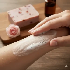 A hand applying the creamy foam of the best rose soap to the skin, emphasizing its hydrating and skin-softening effects.