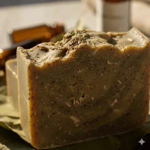 Extreme close-up of the rough, natural texture of the patchouli soap bar, possibly showing a mild, natural exfoliant like oatmeal or ground herbs.