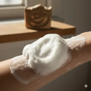 Rich, creamy lather on skin, demonstrating the luxurious feel of the patchouli soap and its moisturizing, gentle cleansing properties.
