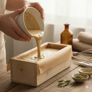 A staged image showing the cold process method, with the melted patchouli soap mixture being poured into a wooden mold.