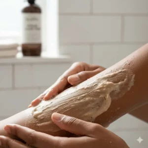 Close-up of hands applying Alaffia African Black Soap to soothe and clarify sensitive or acne-prone skin.