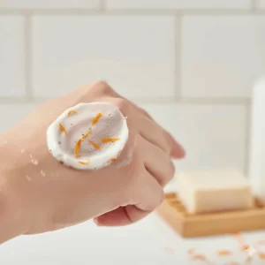 A calming image illustrating how calendula soap helps soothe and reduce redness on dry or irritated sensitive skin.