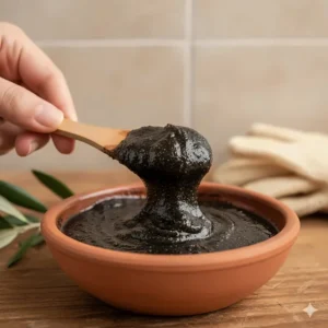 Detailed shot showing the unique, smooth, gel-like paste texture of Moroccan black soap, ready for application.