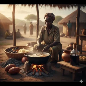 Simple illustration of the traditional, handmade process for crafting authentic liquid African soap from ashes and oils.