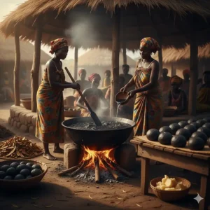Traditional method illustration showing the steps of how authentic liquid African black soap is made by hand in West Africa.