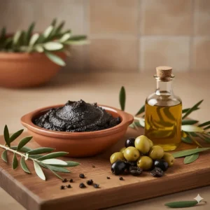 A display of the core natural ingredients used to make Moroccan black soap: olive paste, crushed olives, and olive oil.