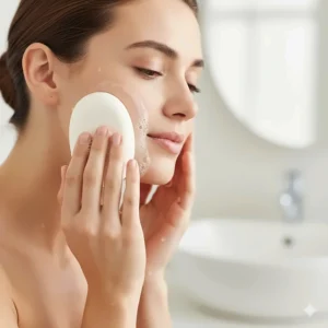Applying the gentle Basis Soap bar directly to the face for a refreshing cleanse.