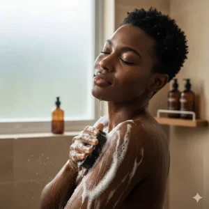 A visual depicting the Dudu-Osun black soap being used as an all-over body wash or shampoo for a refreshing shower experience.