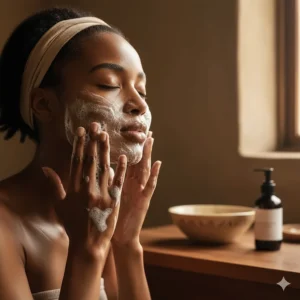 Woman gently washing her face using a lather of diluted liquid African black soap to cleanse and improve skin texture.
