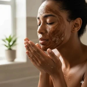 A person gently washing their face with lathered liquid African black soap to demonstrate its use as a natural, cleansing facial wash.