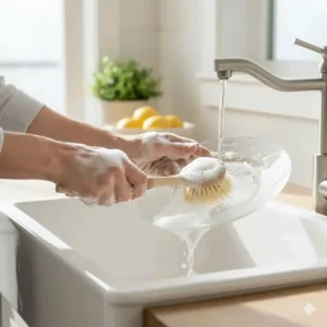 A person's hands covered in suds, washing a glass plate with the best natural dish soap that is tough on grease but gentle on the skin.